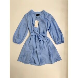 Zara NWT Blue Embroidered Mini Dress Large Tie Waist Balloon Sleeve Cottagecore
